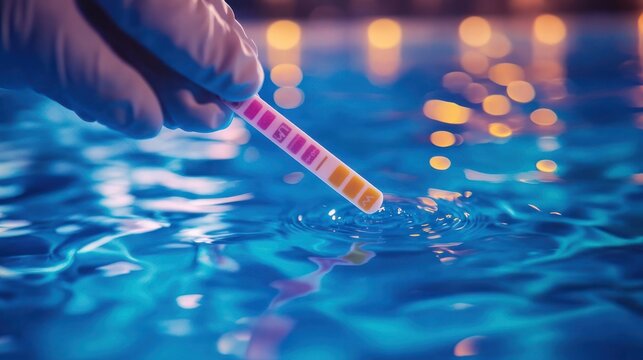 gloved hand holding colorful test strip over blue rippling pool water with warm bokeh lights, careful focused water quality testing