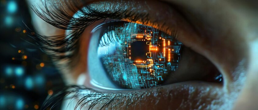 close-up human eye reflecting glowing blue and orange circuit board with detailed eyelashes and futuristic bokeh lights conveying awe and curiosity