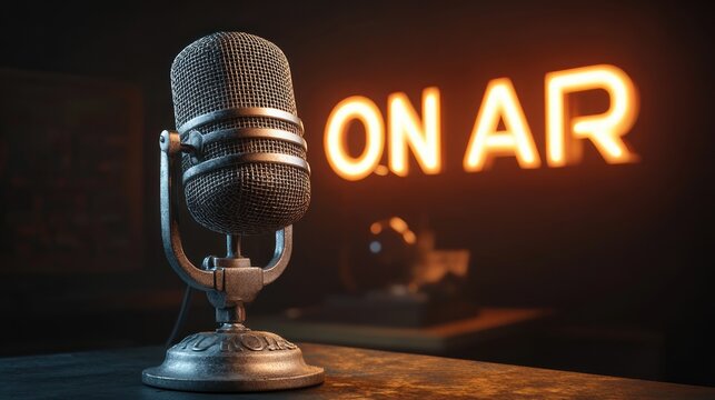 Vintage microphone on metal stand in dim recording studio with glowing on air sign and warm moody lighting, evoking anticipation and focused creativity