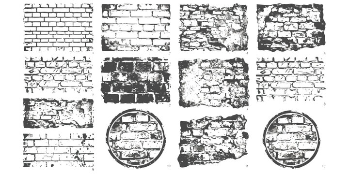 Set of black and white brick wall textures and stone pattern sketches