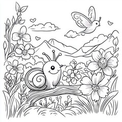Fototapeta premium Cheerful smiling snail on a log among large blooming flowers and grass, a fluttering butterfly overhead, hearts, distant mountains and clouds in a whimsical garden scene