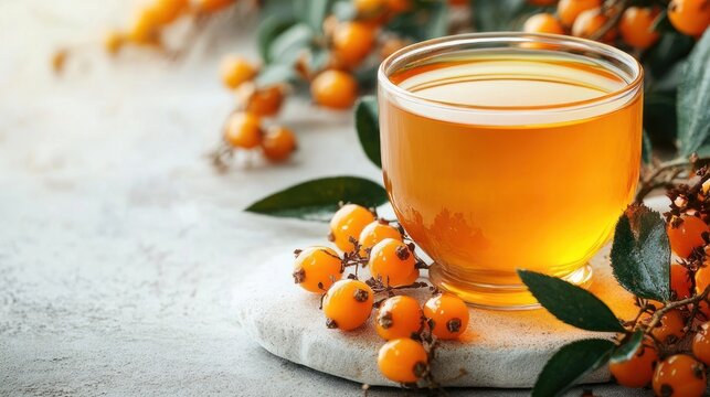 glass cup of golden sea buckthorn juice with fresh orange berries and green leaves on a stone coaster, bright uplifting fresh still life