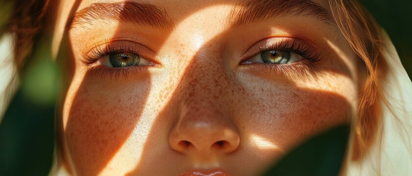 Close-up of a contemplative young woman's freckled face with green eyes, soft sunlight and leaf-shaped shadows across skin evoking calm introspection