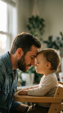 Father toddler forehead touch. Intimate bond showing parental love. Use for family or parenting media.