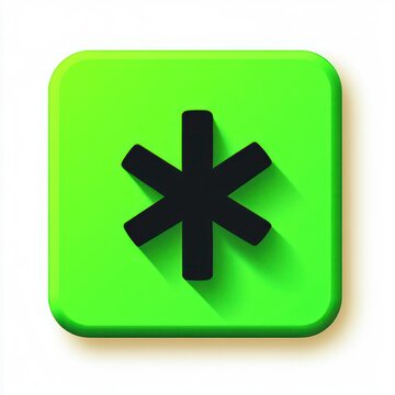 vibrant green rounded square button with bold black six-point asterisk icon, long diagonal shadow on white background, modern playful minimal design