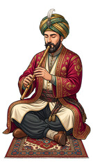 Fototapeta premium Traditional Ottoman Musician in Turban Playing Nay Flute Seated on Rug