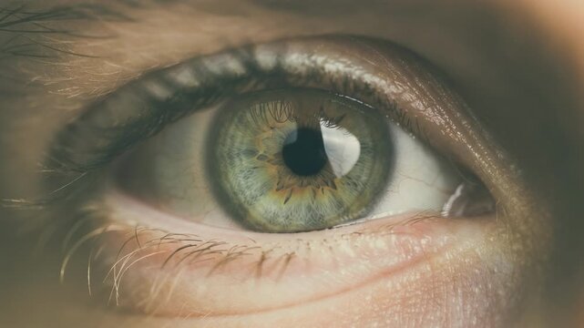 Close up video of a green eye slowly blinking showing intricate natural patterns and detailed eye texture