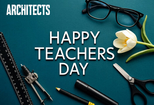 Happy teachers day celebration with architectural tools glasses and flower on teal background