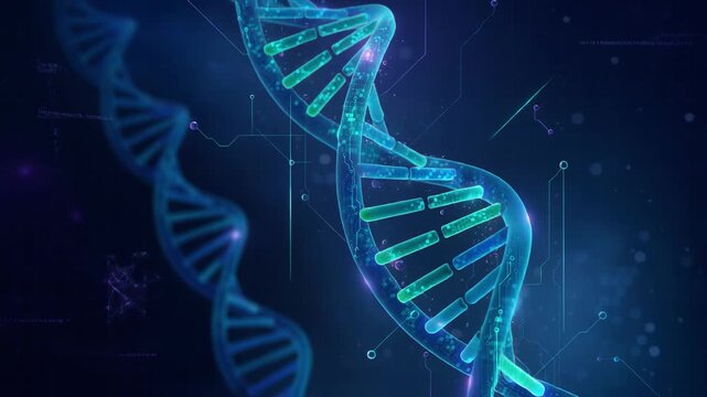 Glowing DNA double helix spiraling in a futuristic digital environment showcasing science and technology
