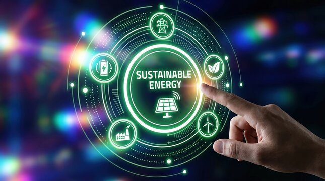 Sustainable energy, renewable power, clean technology concept with glowing energy infrastructure.