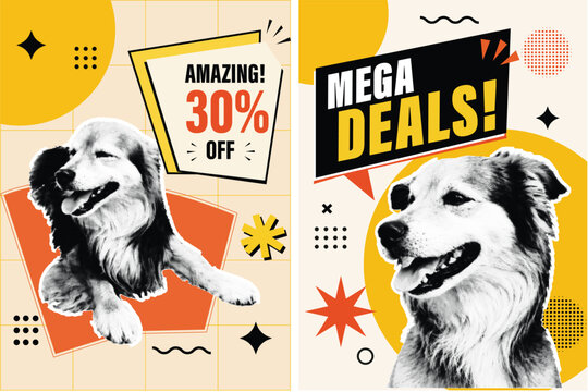 Halftone Pop Art Collage Set with Dog and Sale Banner. Amazing 30% Off and Mega Deals Pet Store Discount and Promotion Concept. Retro Vintage Style Banner