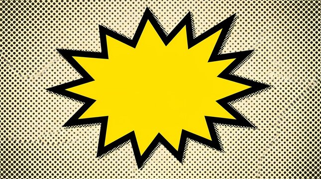 Yellow pop art comic burst on halftone dot background.