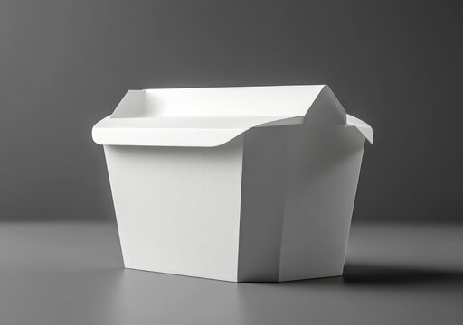 white closed takeout food container with folded lid sitting on a gray surface casting a soft shadow, minimalist and clean mood