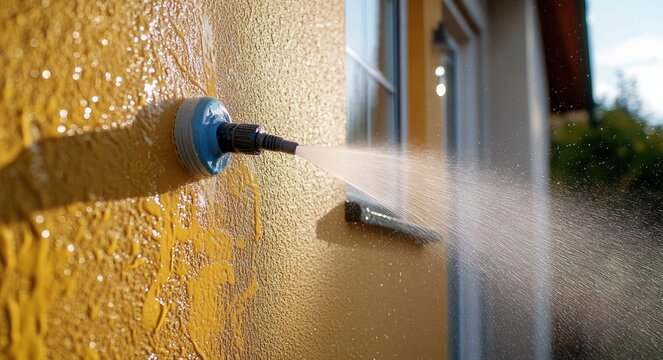 sunlit yellow textured exterior wall with a garden hose nozzle spraying a fine mist of water toward a white-framed window, creating refreshing droplets and lively motion