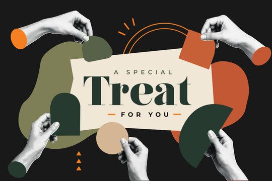 Halftone Pop Art Collage with Multiple Hands Holding Geometric Shapes and Banner. A Special Treat For You, Gift and Surprise Concept. Retro Vintage Style Banner