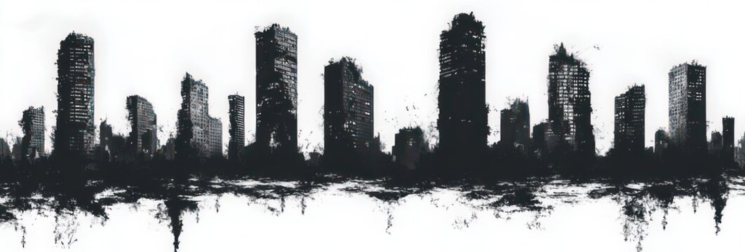 monochrome ink skyline silhouette of tall urban buildings with grungy mirrored water reflection, stark and moody atmosphere