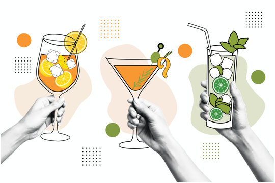 Halftone Pop Art Collage with Hands Holding Cocktail Glasses with Orange, Martini, and Mojito. Summer Drinks, Bar Menu and Party Celebration Concept. Retro Vintage Style Banner