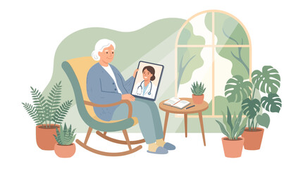 Fototapeta premium Elderly Woman Consults Doctor Online via Tablet in Cozy Living Room, Representing Telehealth and Remote Healthcare Accessibility for Seniors