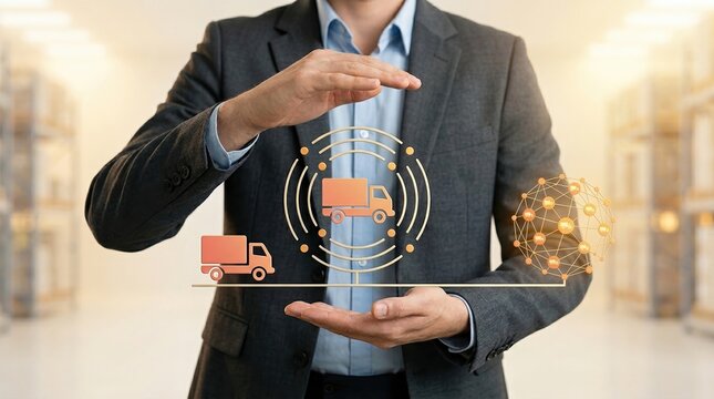 Smart logistics, supply chain technology, delivery management concept with digital network and transport icons.