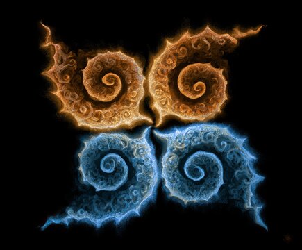 Abstract ornamental butterfly with glowing blue and golden wings on black background, elegant fantasy decorative design.