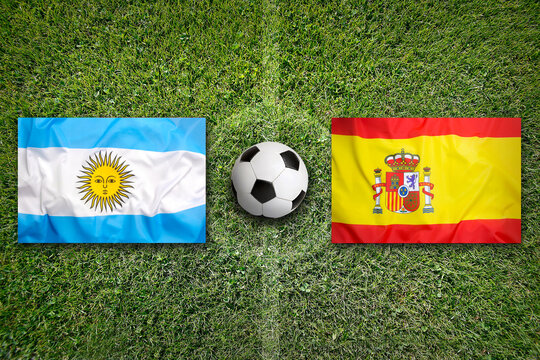 Argentina vs. Spain flags on a soccer field