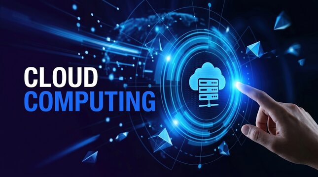 Cloud computing, cloud storage, data infrastructure concept with person using laptop and connected cloud icons.