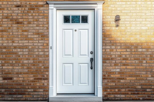 white paneled front door with small glass transom set in warm yellow brick wall beside a vintage wall lantern, sunlight casting a welcoming inviting glow