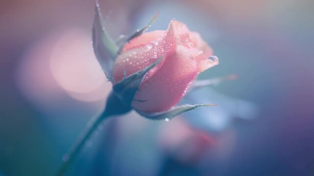 Delicate pink rose bud with dewdrops in soft morning light gently swaying in garden