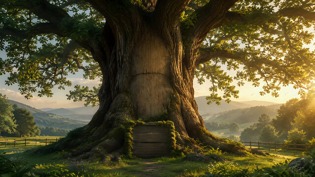 Historic oak tree nature monument in scenic countryside