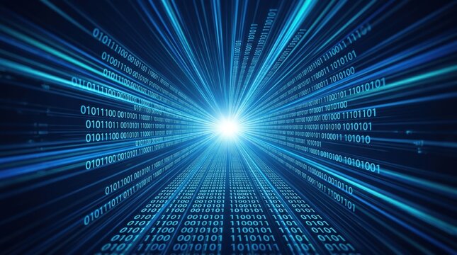 Abstract digital binary code tunnel with blue light rays, futuristic technology background, data stream flow, cyberspace concept, artificial intelligence network