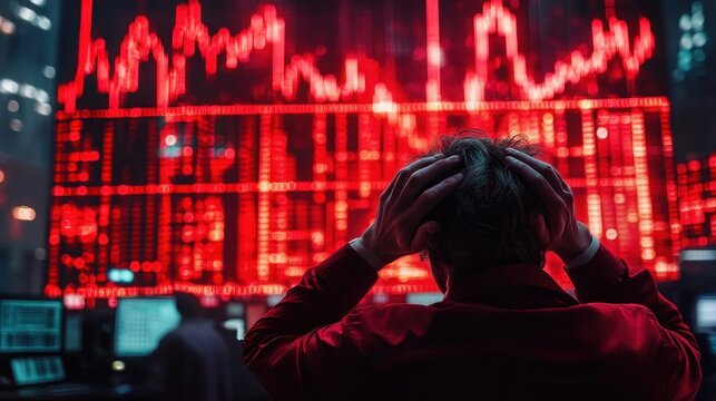 person clutching head in hands facing large red stock charts and falling numbers on trading floor screens, tense and distressed