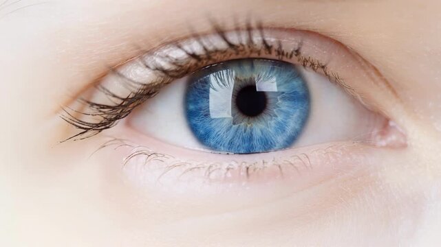 Mesmerizing close up of a blue iris eye with intricate patterns and soft eyelashes detailed beauty