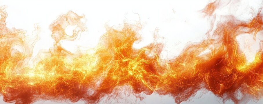 swirling orange and yellow flames and wispy smoke streaks across a white background conveying intense energetic motion and heat
