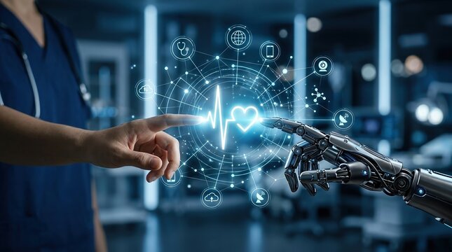 Telemedicine, digital health, remote healthcare concept with doctor using virtual medical interface.
