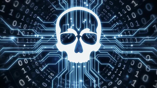Glowing skull emerging from tunnel of streaming binary code and futuristic circuit lines digital animation