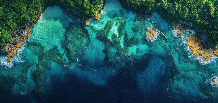 Aerial view of a tropical coastline with turquoise reefs, clear shallow lagoons and deep blue ocean meeting a lush green forest and rugged rocky shore, evoking serene awe