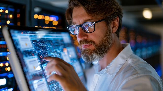 Blockchain verification engineer tracing supply chain data nodes on transparent touchscreen display mounted in server room, authentication certificates populating across interface, focused posture, 