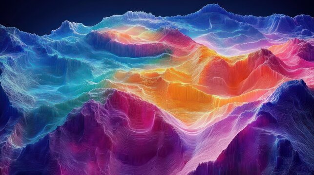 vibrant neon wireframe landscape of undulating glowing peaks and valleys in abstract digital topography, surreal dreamlike and energetic