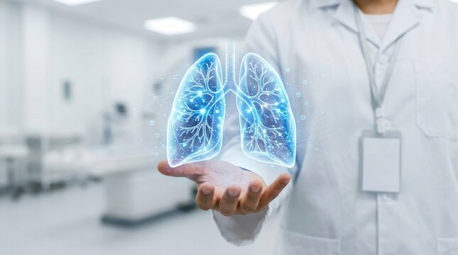 Respiratory diagnostics, lung scan, digital healthcare concept with doctor holding glowing lung interface.