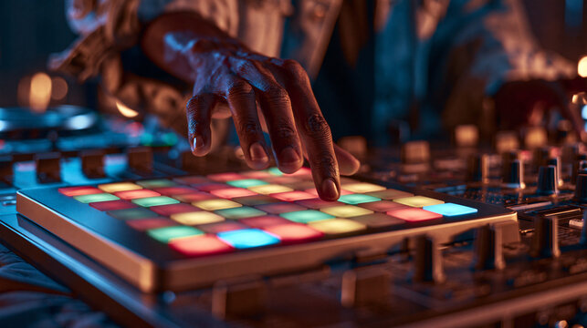 Close up of a DJ hand touching illuminated colorful buttons on a MIDI controller pad during a live music performance.