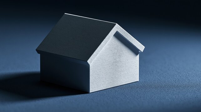 Minimalist 3d small house model with black roof and white walls placed on dark textured blue background representing real estate property and home ownership business concept