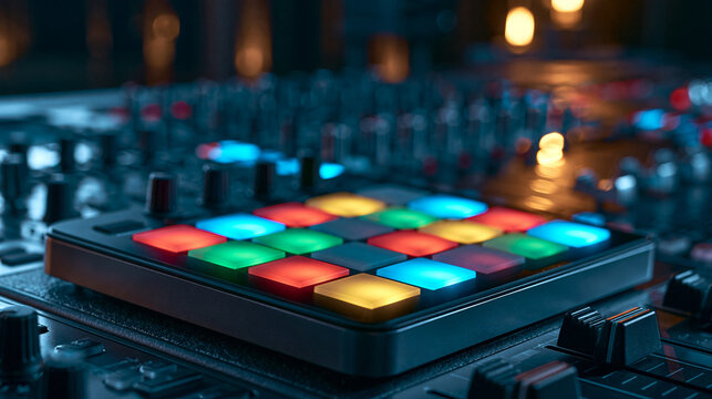 Selective focus close up of a electronic music MIDI pad controller with glowing colorful illuminated grid buttons.