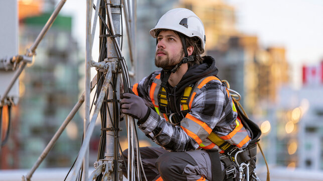 Telecommunication technician wearing safety helmet and harness inspecting a cell tower network antenna outdoors.