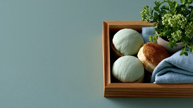 Two matcha flavored and one original flavored fluffy japanese souffle pancakes placed in light wooden box with woven blue cloth and small green plant on solid light blue background