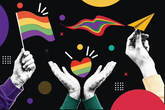 Halftone Pop Art Collage with Hands Holding a Rainbow Flag and Heart. Pride, Diversity, and Inclusion Celebration Concept. Love, Equality and Freedom. Retro Vintage Style Banner