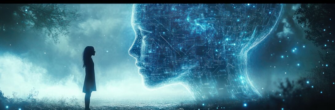 young girl silhouetted in misty forest facing a gigantic glowing digital human head made of circuitry and lights, evoking wonder and connection