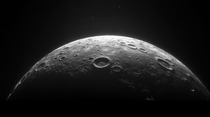 Fototapeta premium curved cratered lunar-like horizon with large impact craters and illuminated rim beneath a starry black sky, stark, desolate and awe-inspiring