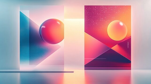 Two glowing orb panels with geometric triangles and gradient color fields on a glossy reflective surface, tranquil futuristic minimalist abstract composition
