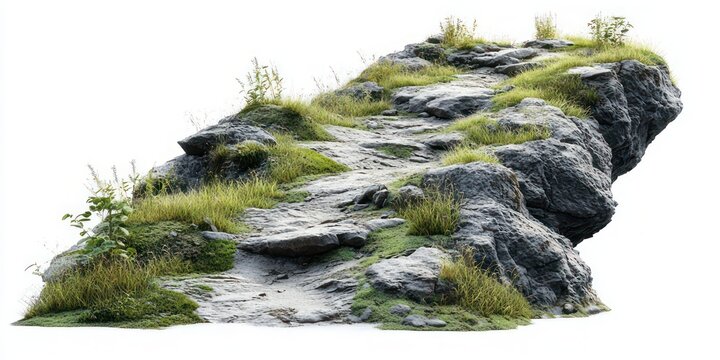 mossy rocky outcrop with grassy patches and a rugged stone path, serene isolated natural rock formation