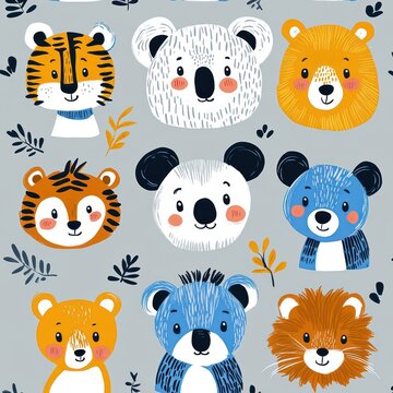 Cheerful hand-drawn animal faces pattern featuring smiling tigers, bears, koalas and lions with decorative leaves on a gray background
